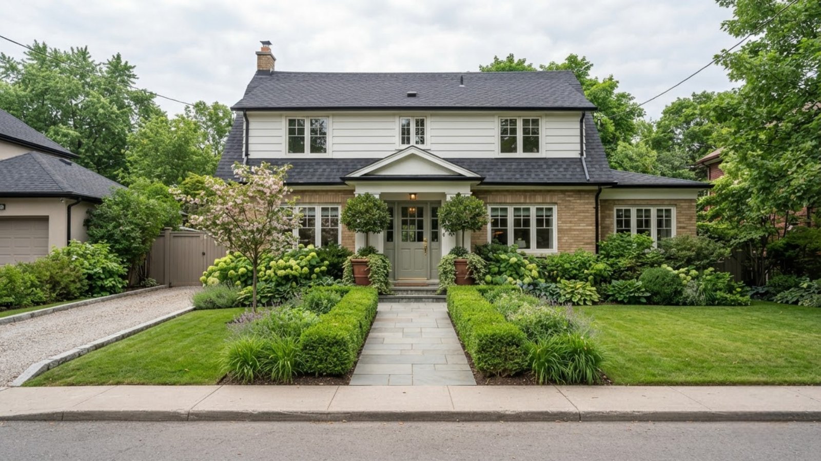A front yard with a path, low hedging and planted borders leading to the door
