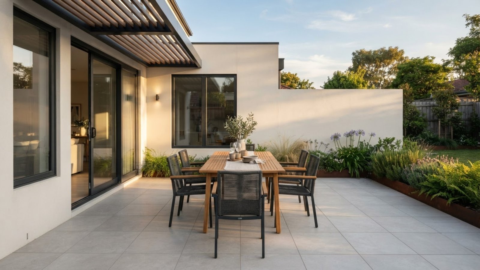 A modern patio with porcelain paving and outdoor dining furniture