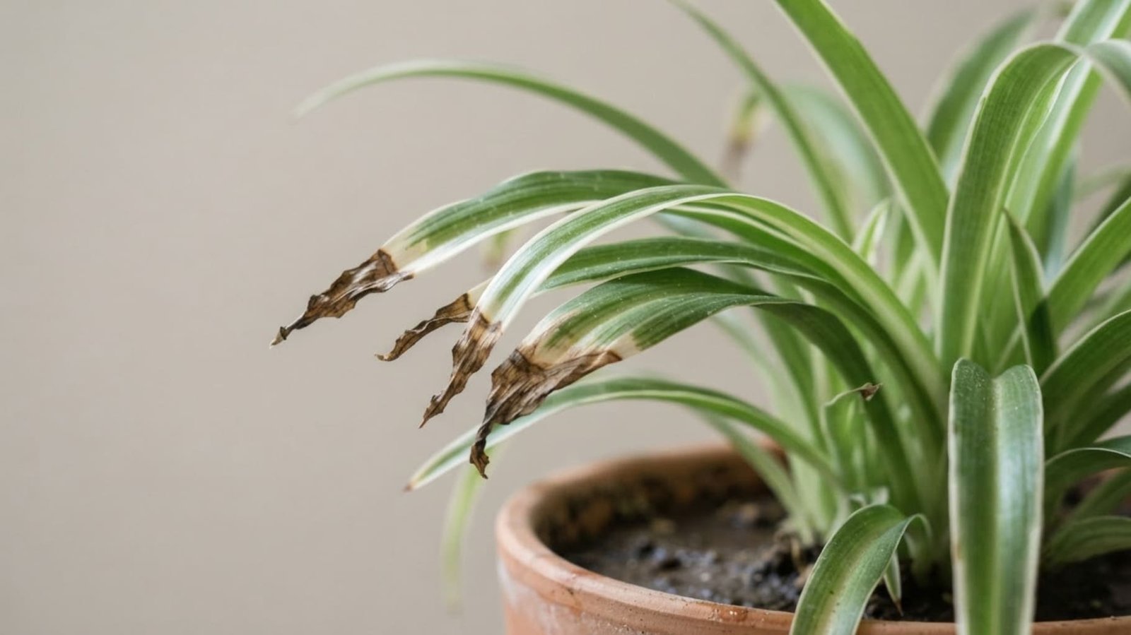A spider plant with dry brown tips on the ends of its green leaves