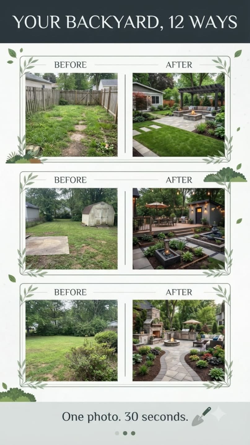 AI backyard design before and after — redesign your yard from a photo