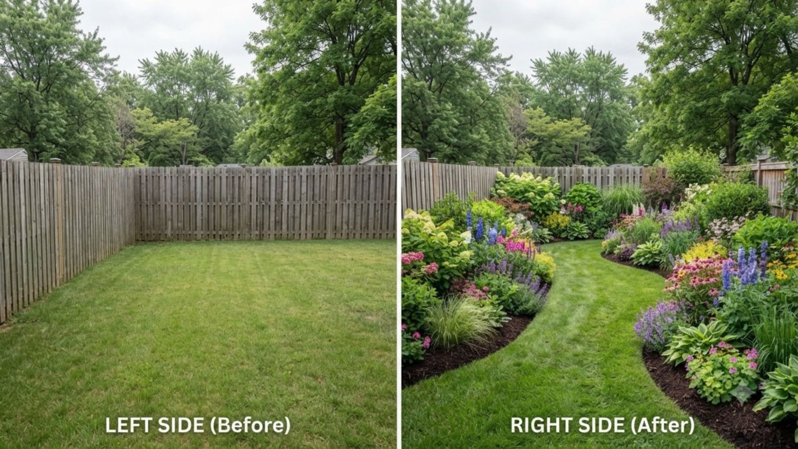 AI garden design generator — a bare garden and the same garden with planted borders