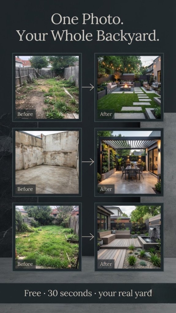Backyard before and after from one photo — AI yard makeover