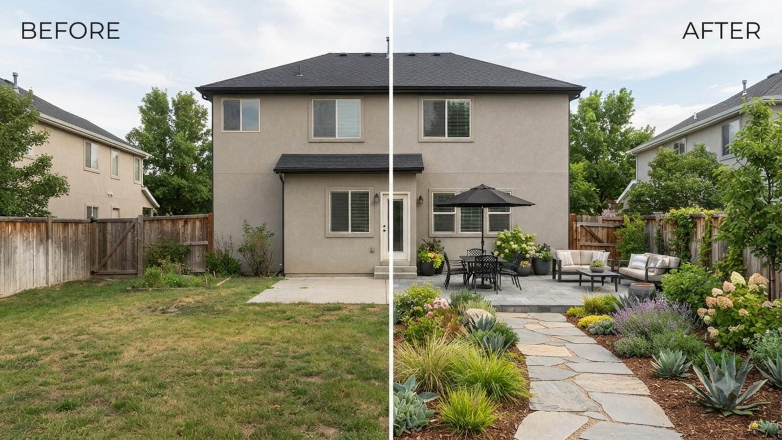 Backyard design from a photo — before and after of the same yard