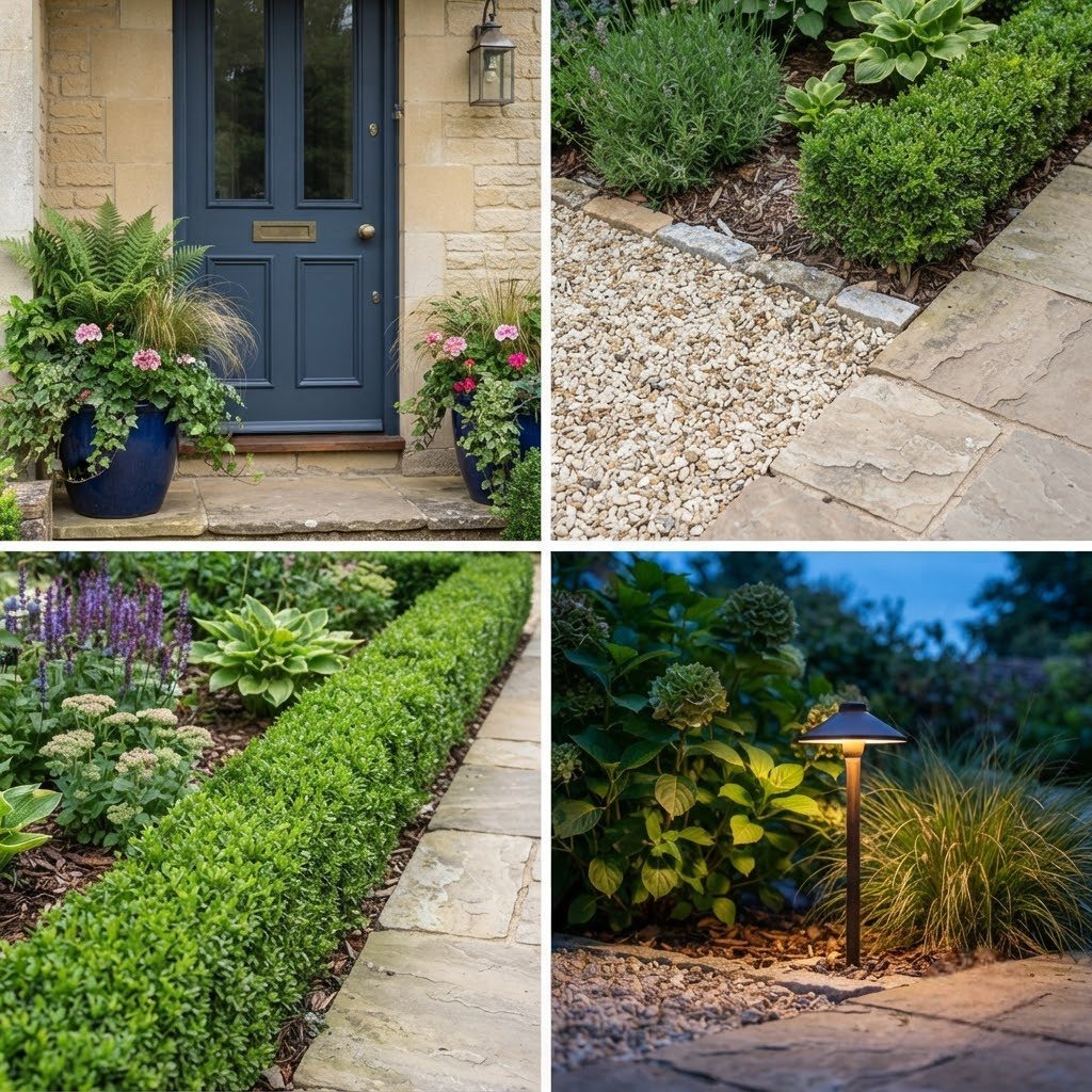 Four front yard curb appeal details: door, path, hedge and lighting