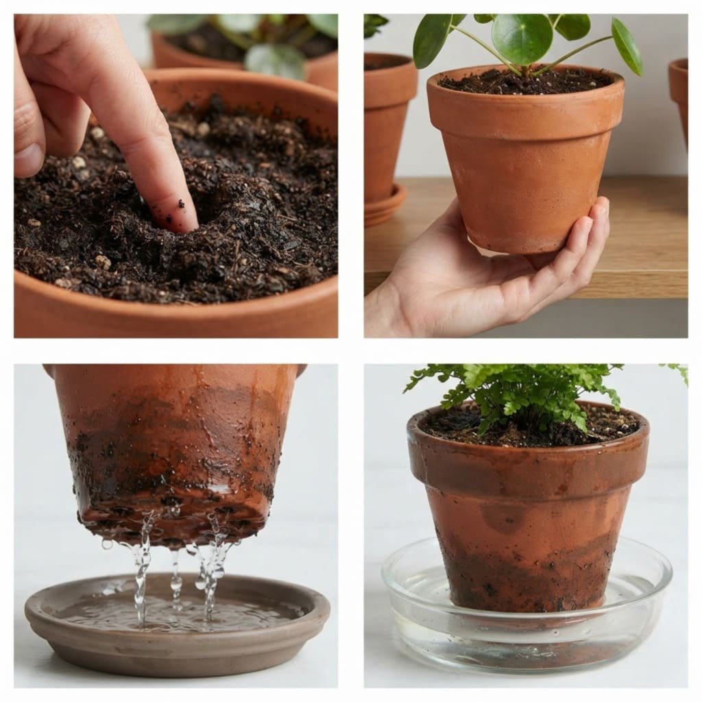Four watering checks: the finger test, the pot weight test, drainage and bottom watering