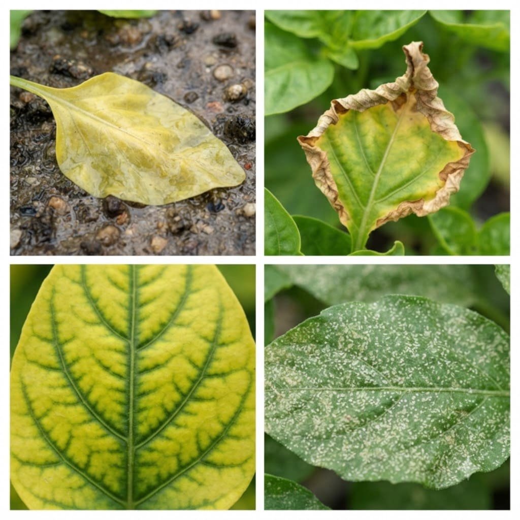 Four yellow leaf patterns: overwatering, underwatering, iron deficiency and spider mite damage