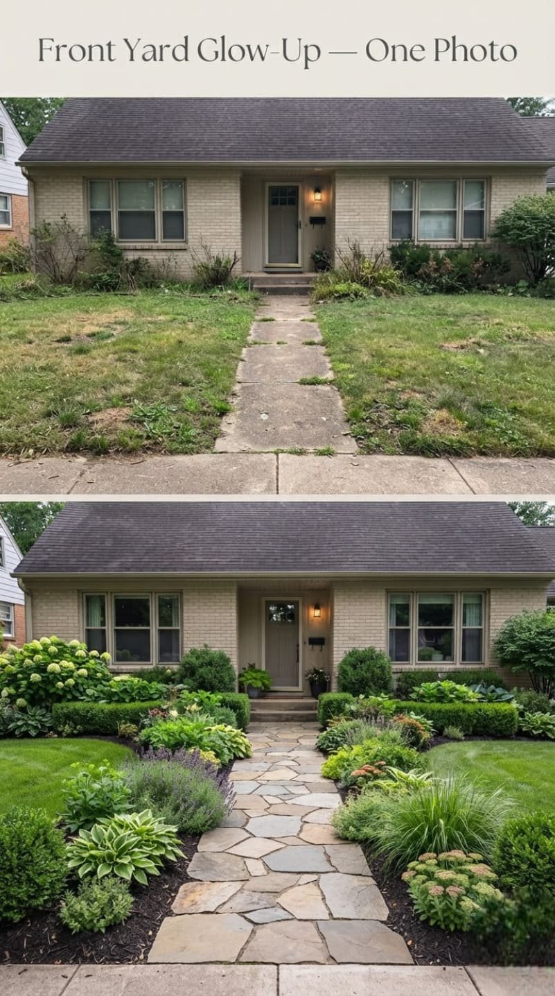 Front yard before and after — curb appeal transformation