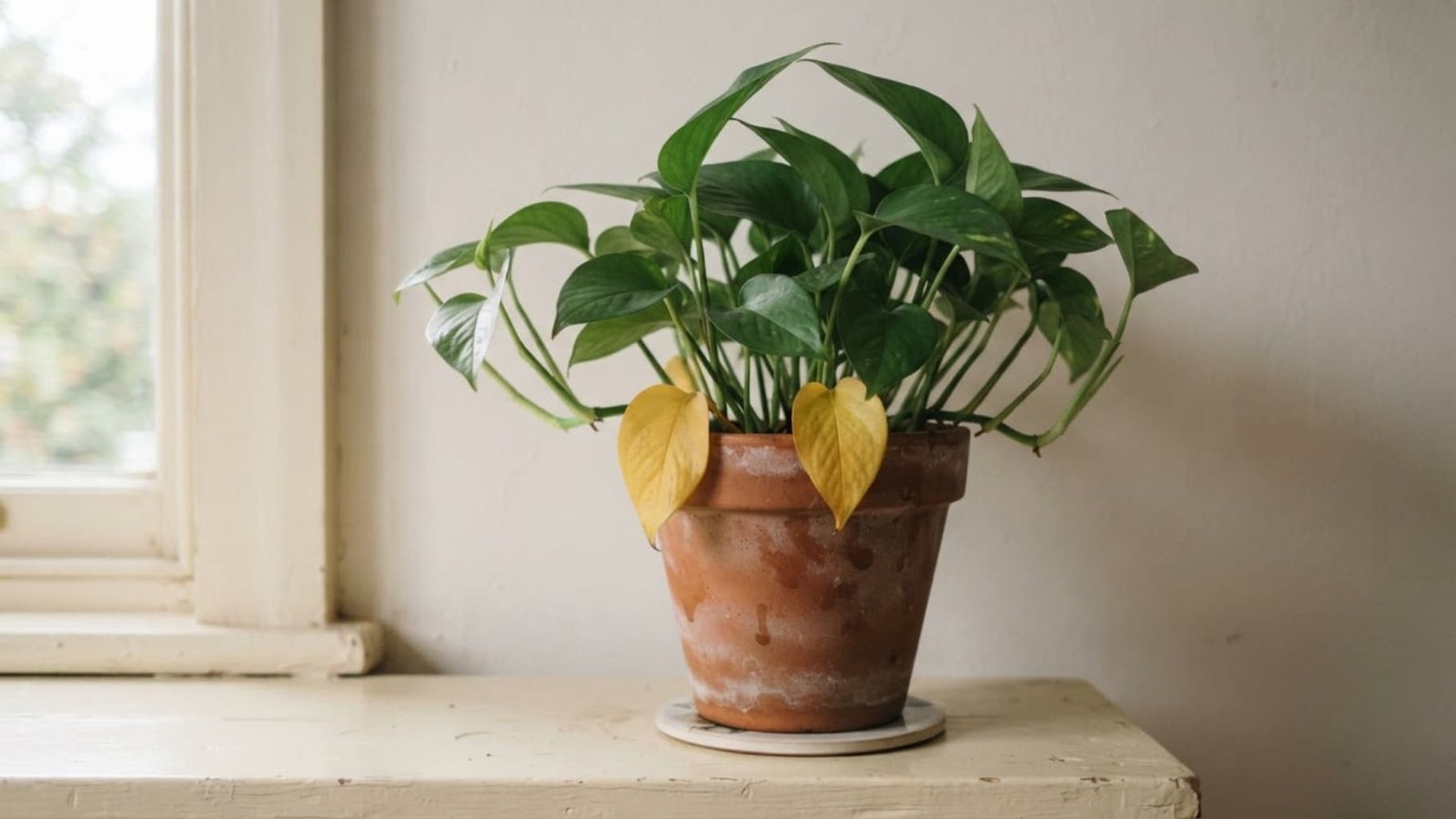 Lower leaves of a houseplant turning yellow while the top growth stays green
