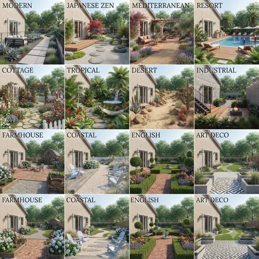 One backyard shown in 12 AI design styles: modern, Japanese zen, Mediterranean, tropical and more