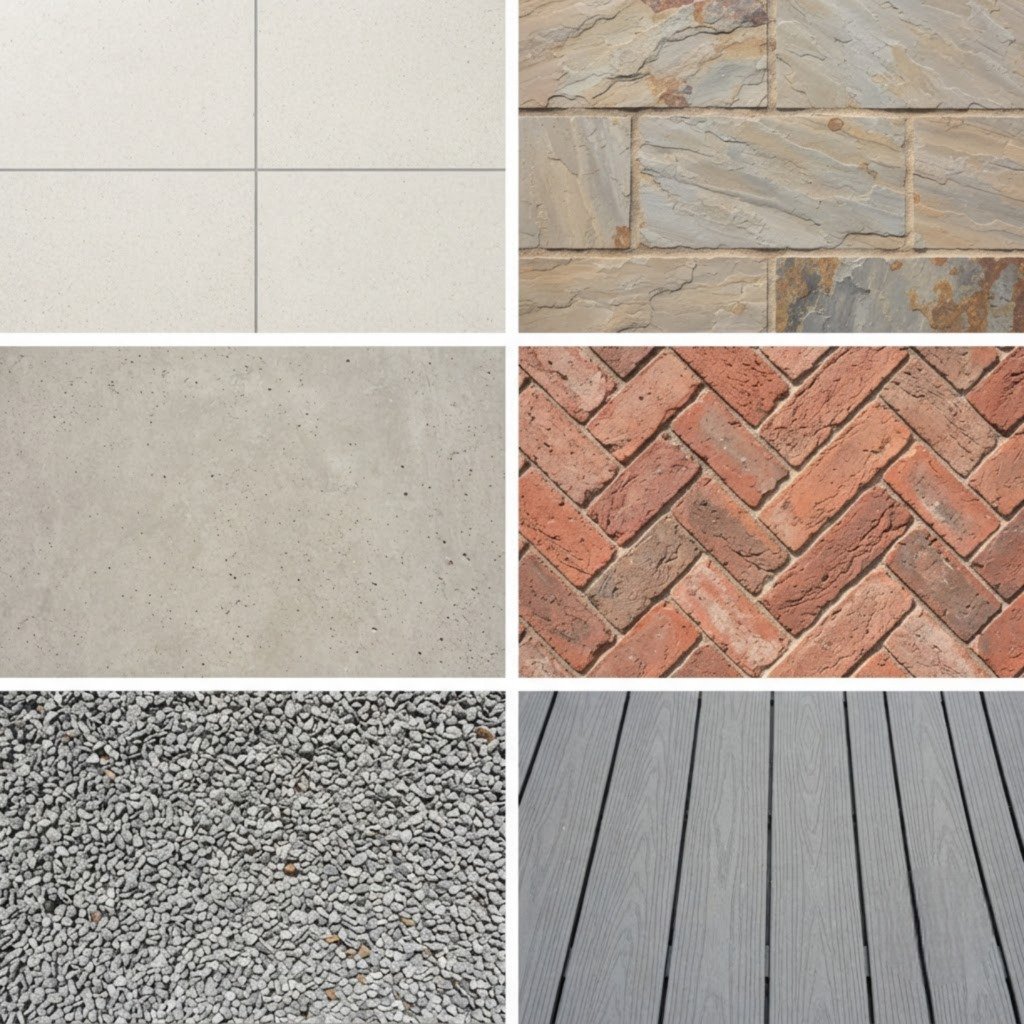 Six patio material options: porcelain, sandstone, concrete, brick, gravel and composite decking