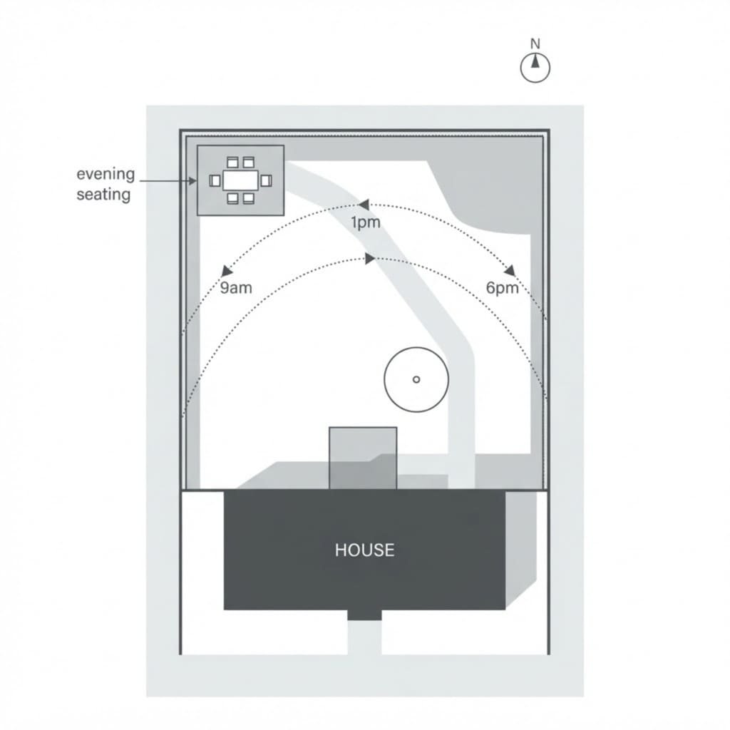 Sun map diagram for planning where to put seating in a yard