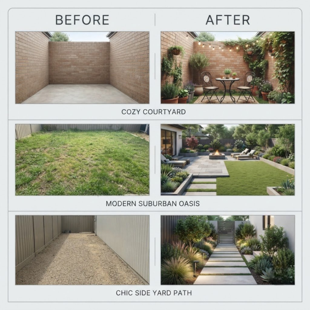 Three backyard before and after AI transformations from photos