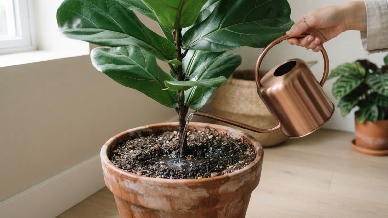 Watering a potted houseplant slowly at the soil surface with a long-spouted can
