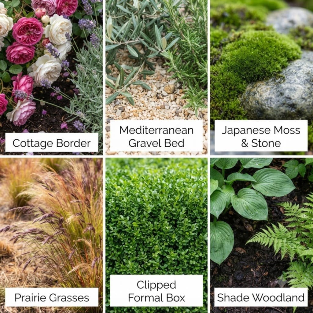 Six AI garden design styles: cottage, Mediterranean, Japanese, prairie, formal and woodland planting