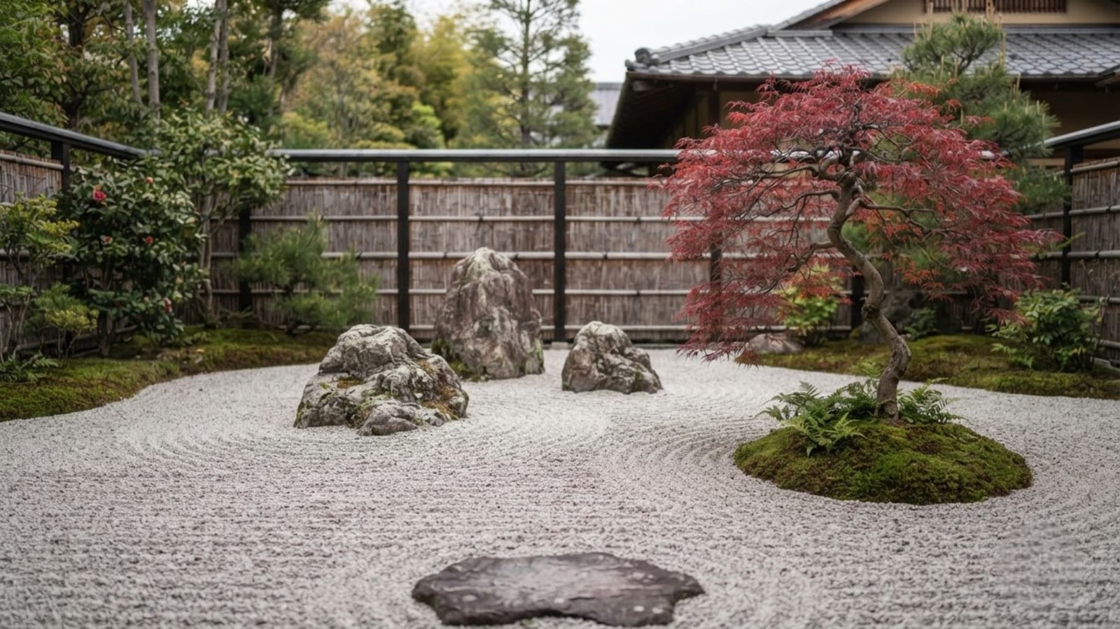 A small Japanese garden with raked gravel, boulders and a maple