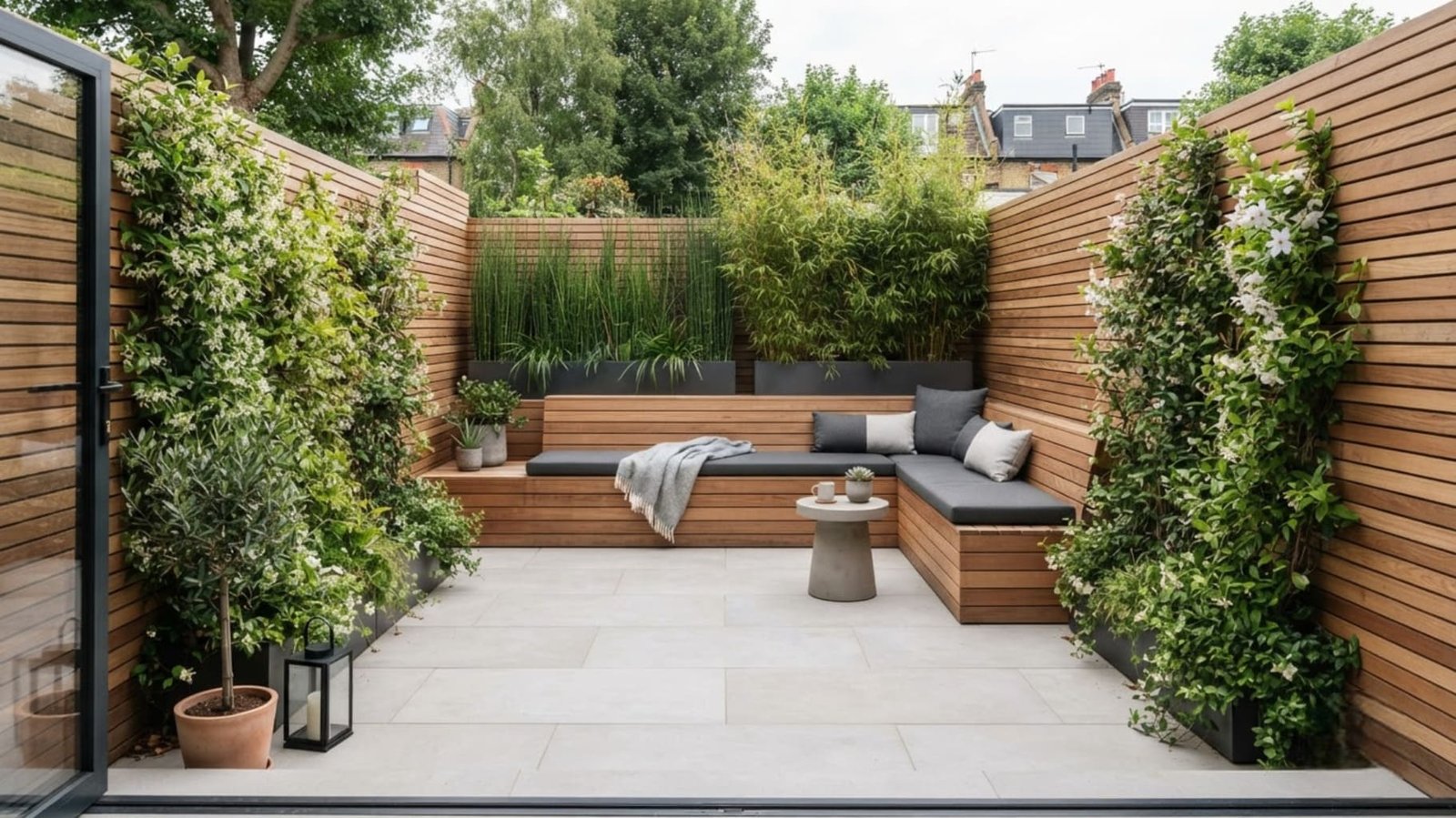 A small enclosed backyard with corner seating and vertical planting