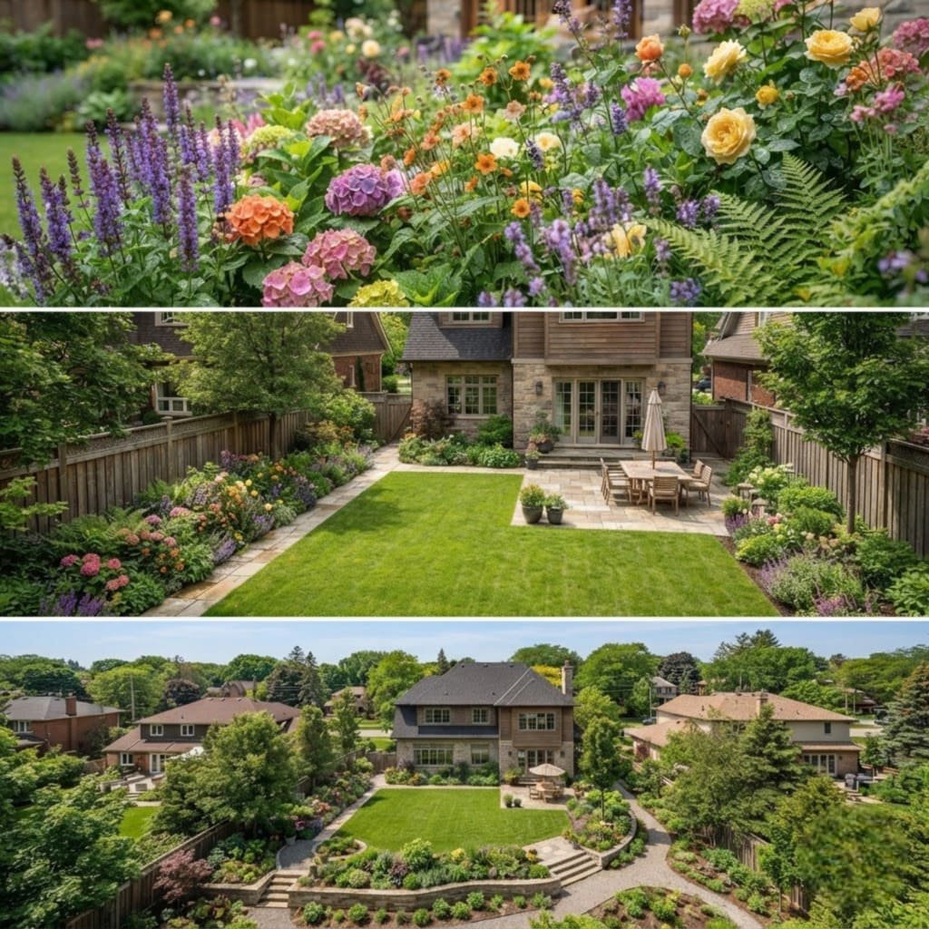 Garden, yard and landscape shown at three different scales