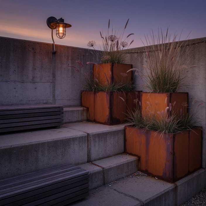 Industrial garden design style — corten steel planters, ornamental grasses and concrete steps at dusk