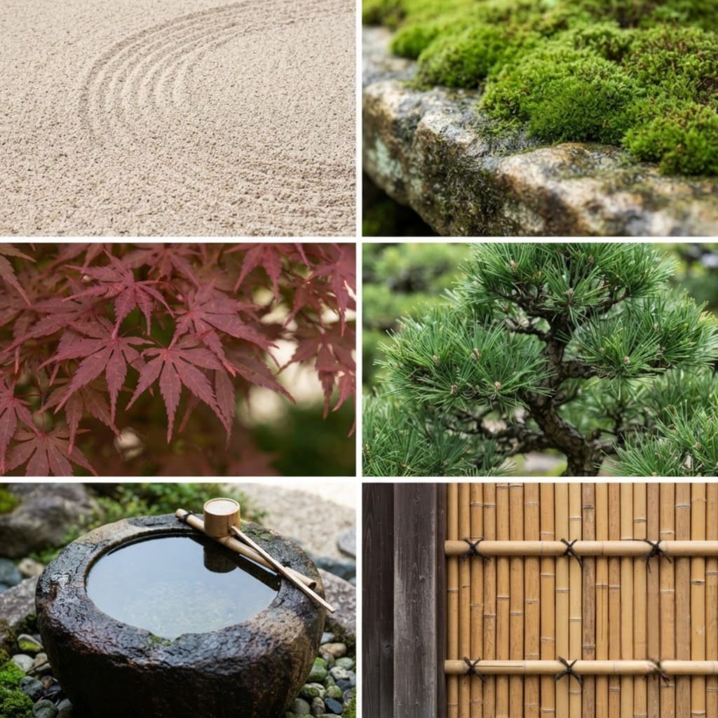 Japanese garden materials and plants: gravel, moss, maple, pine, water basin and bamboo screen
