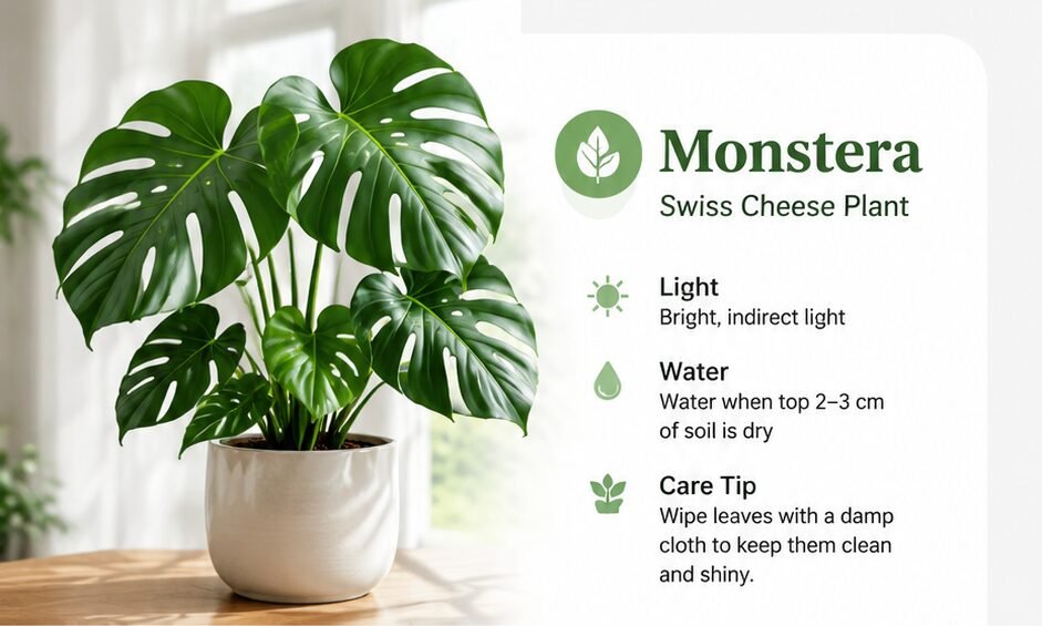 Monstera deliciosa houseplant in a white ceramic pot — plant care plan in the Garden DremiAI app