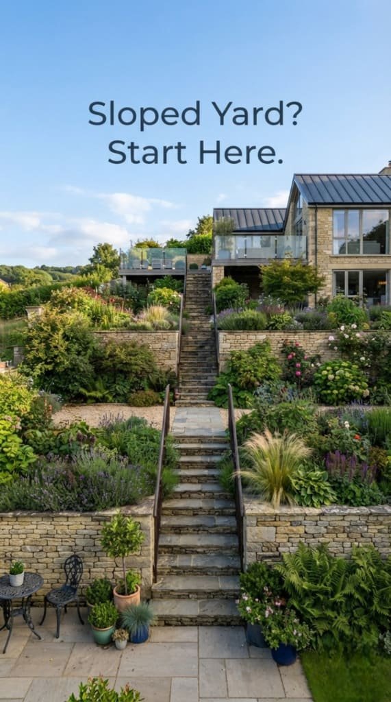 Sloping landscape design with terraces and retaining walls