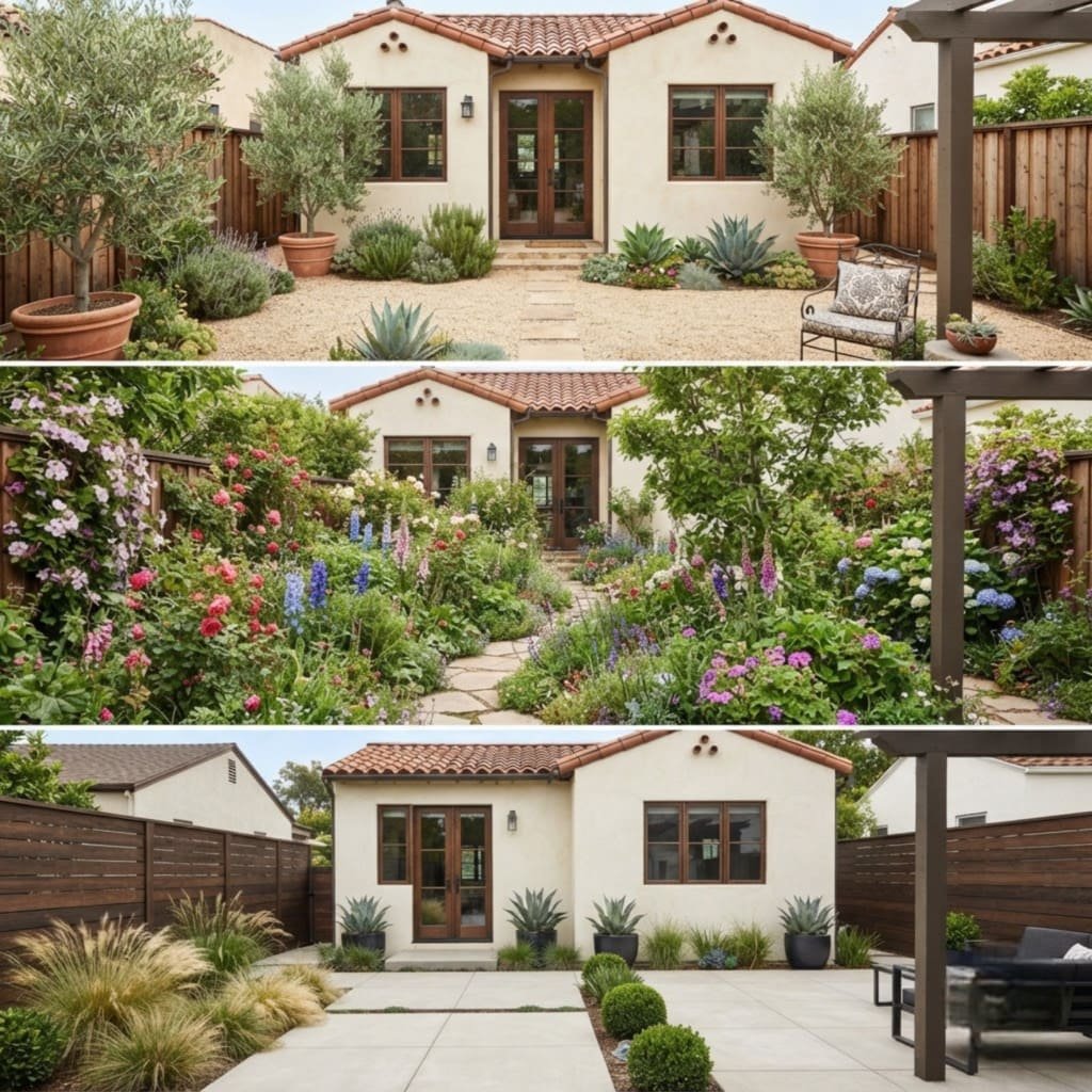 The same backyard in three AI-generated design styles