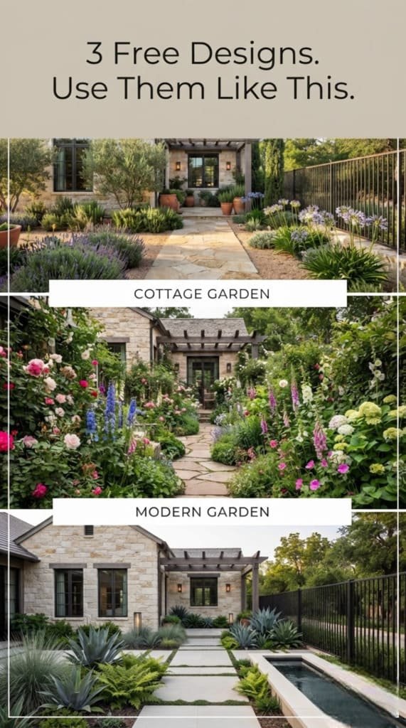 Three free AI garden design styles on the same photo