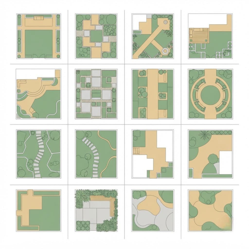 Twelve small backyard layout plans shown as simple overhead diagrams