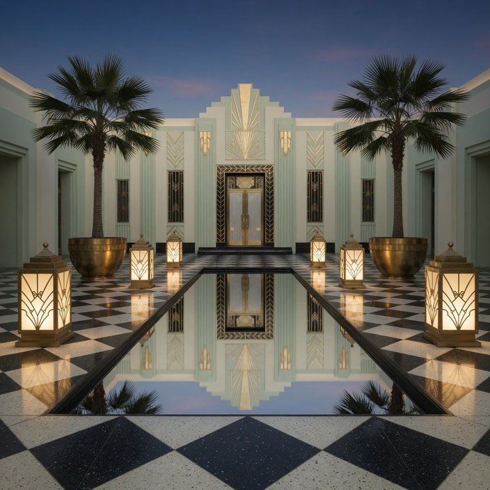 Art deco garden design style — a symmetric courtyard with reflecting pool, palms and brass lanterns