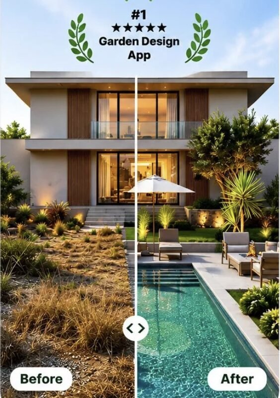 Before and after AI backyard design — a dry yard redesigned into a modern pool landscape