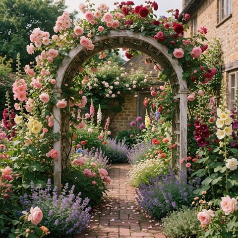 Cottage garden design style — a rose arch over a brick path with hollyhocks and lavender