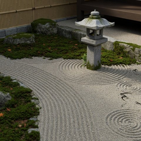 Japanese zen garden design style — raked gravel, moss and a stone lantern
