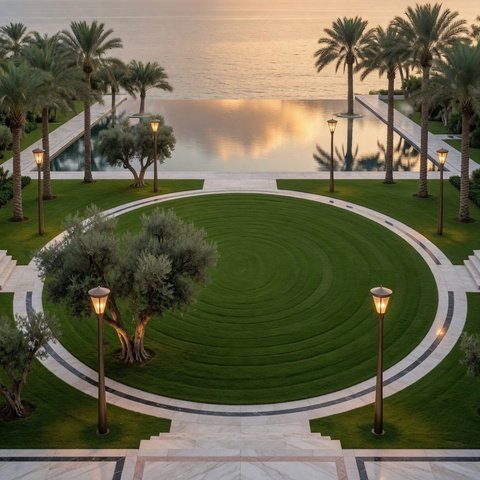 Luxury resort garden design style — infinity pool, olive trees and a manicured circular lawn at sunset
