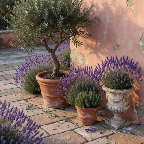 Mediterranean garden design style — terracotta pots, an olive tree and lavender on a stone patio