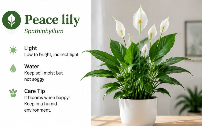 Peace lily (Spathiphyllum) in bloom in a white pot — plant care plan in the Garden DremiAI app